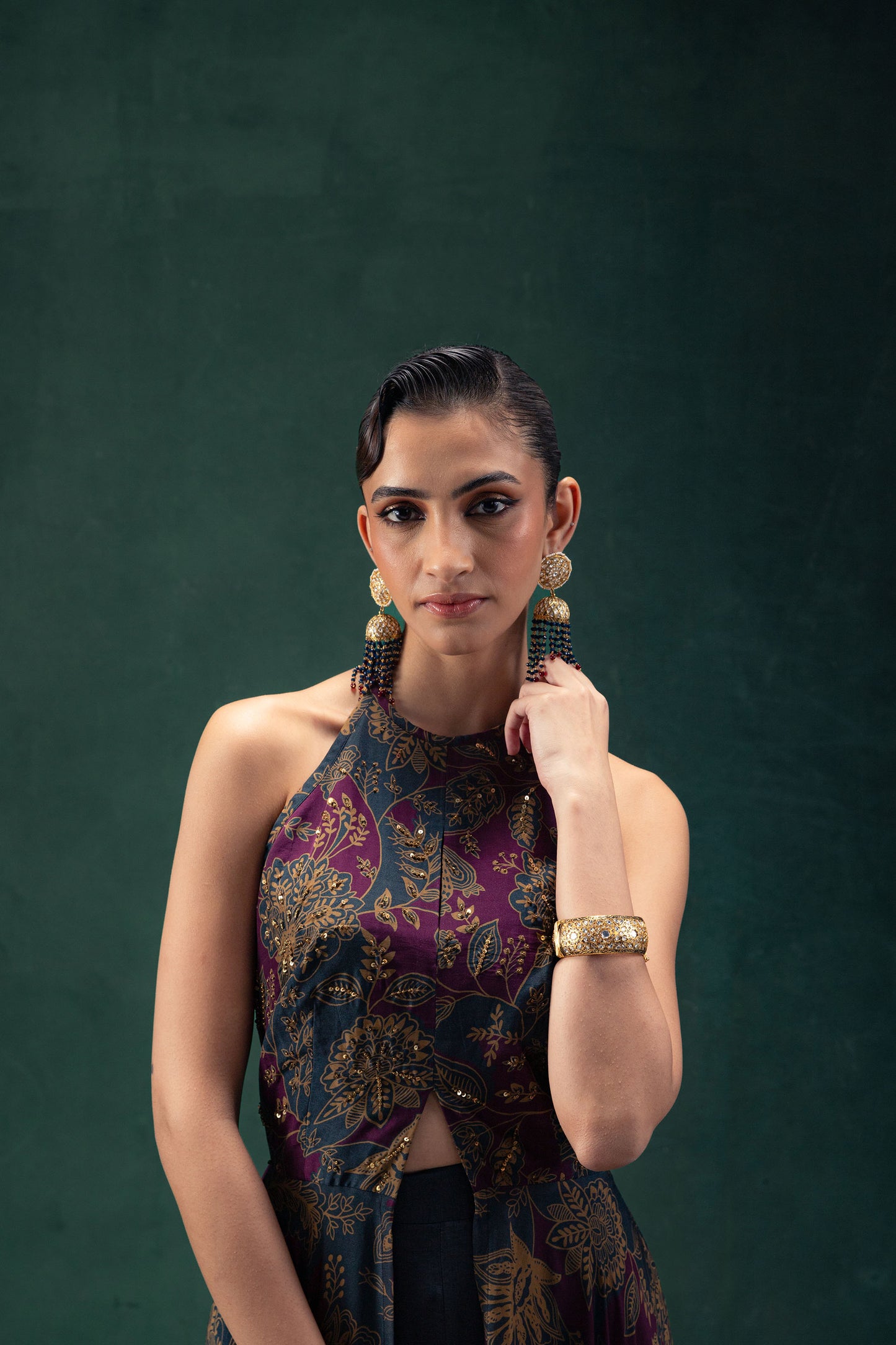 Laila Royal Blue and Purple Halter Neck Silk Tunic with Raw Silk Pants