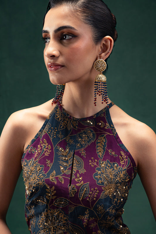 Laila Royal Blue and Purple Halter Neck Silk Tunic with Raw Silk Pants