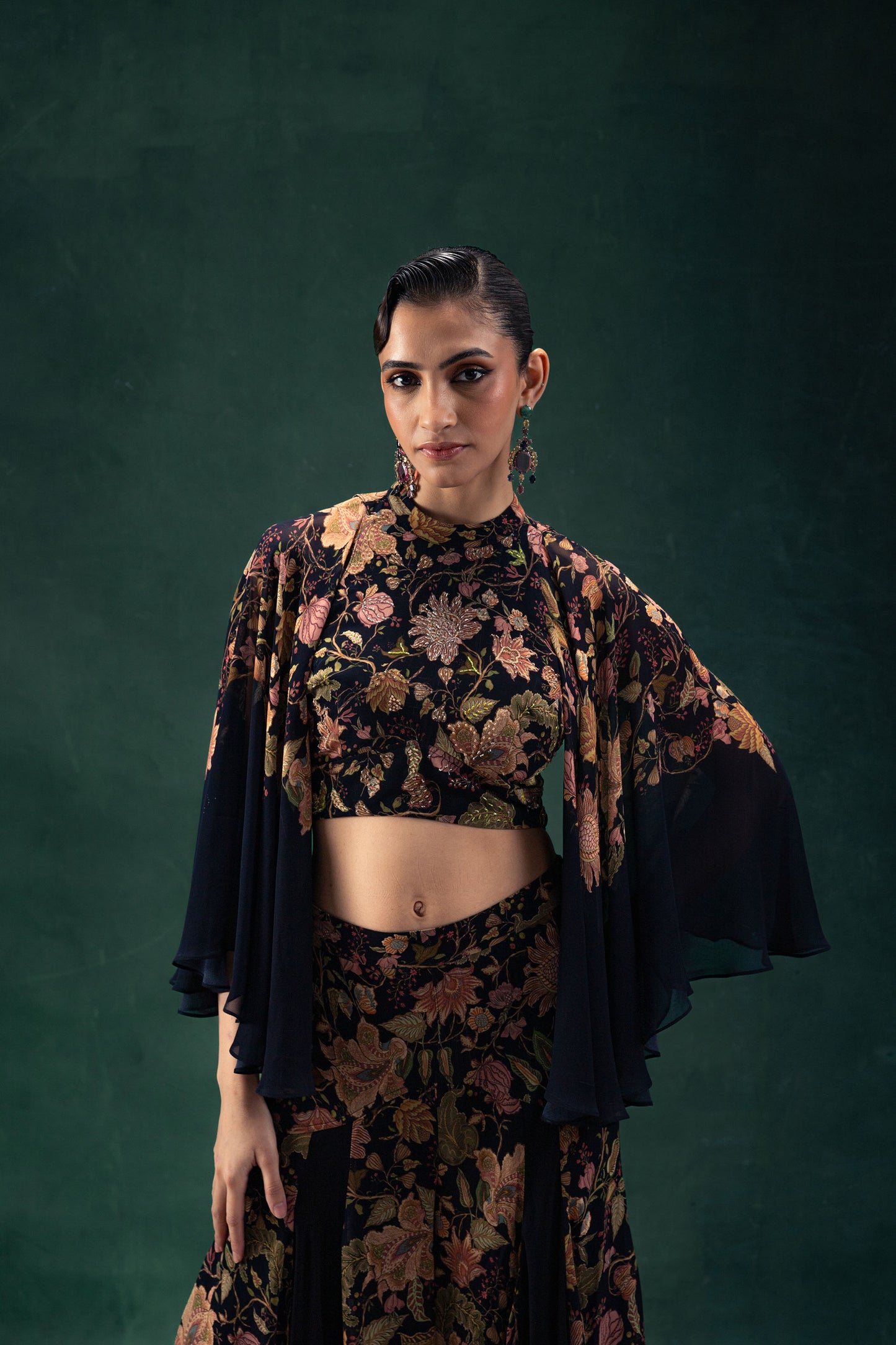 Eshana Black Printed Co-Ord Set with a Tunic Top with Flared Sleeves and Flared Shararas