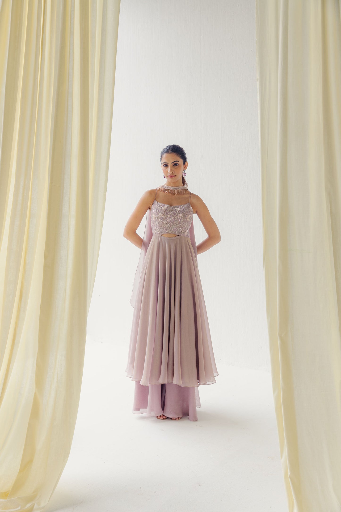 Rasha Dusty Pink Tissue Kurta Set with Floral Embroidery, Flared Pants, and Choker-Style Dupatta.