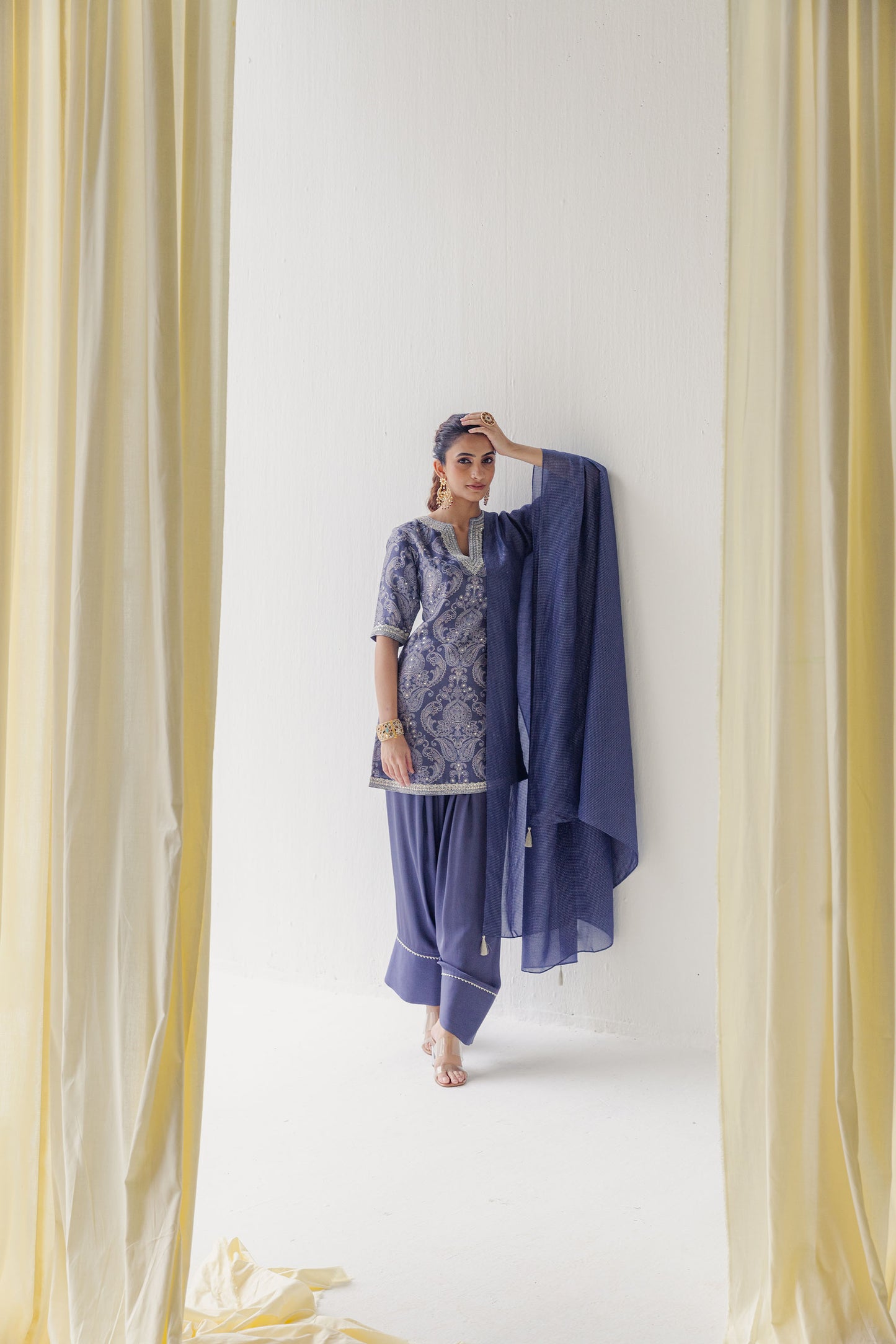 Ranya Stunning Dusty Blue Kurta with Silver Gota and Lace Detailing.