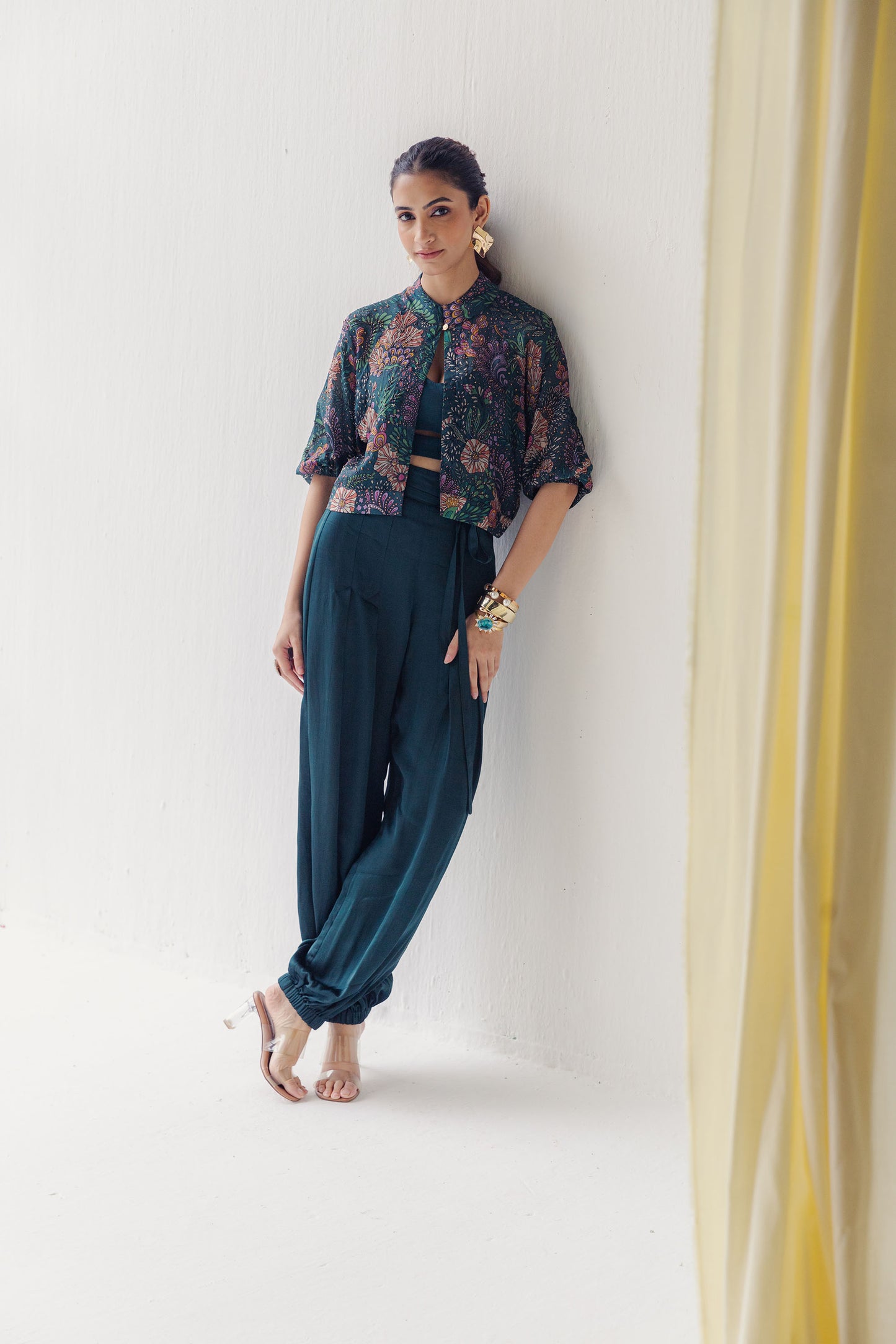 Saina Printed and Hand Embellished Emerald Green Bomber Jacket and Top with Capri Pants