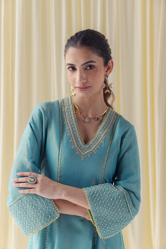 Rivaah Turquoise Blue Bamber Tissue Kurta Set with Dori Embroidery and Moti Work and a Contrasting Lemon Jacquard Dupatta