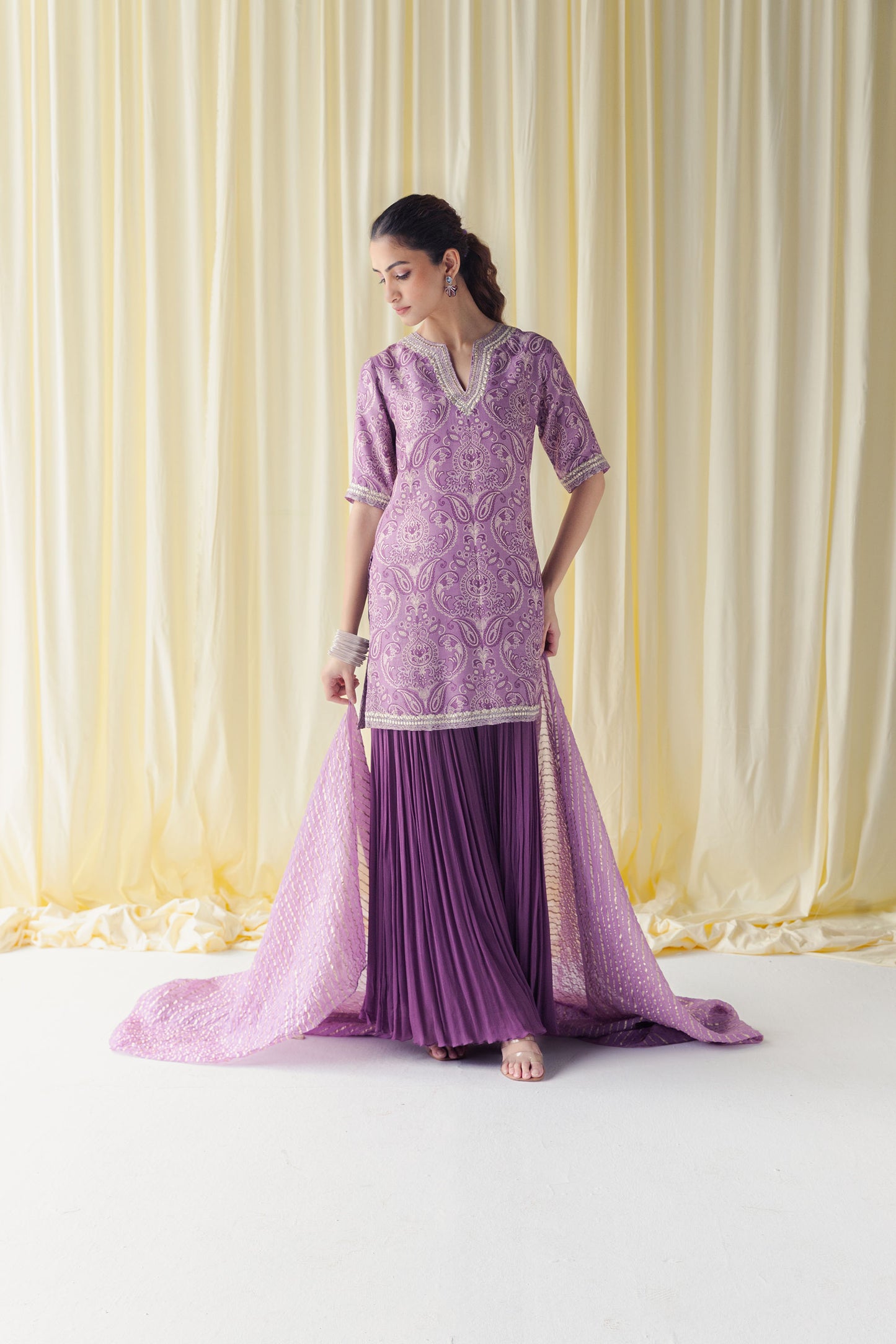 Zaina Stunning Dusty Purple Kurta with Silver Gota and Flared Palazzo Pants