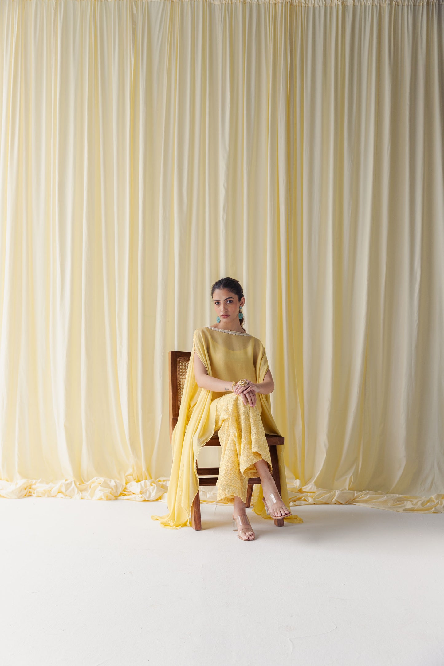 Zerina Canary Yellow Organza Kaftan Set with Schiffli Embroidered Palazzo Pants