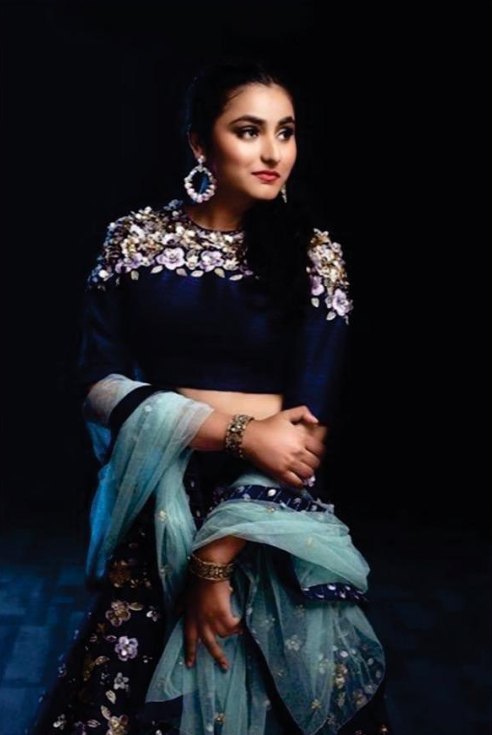 Navy Blue Raw Silk 3D flower Hand Embroidery Lehenga