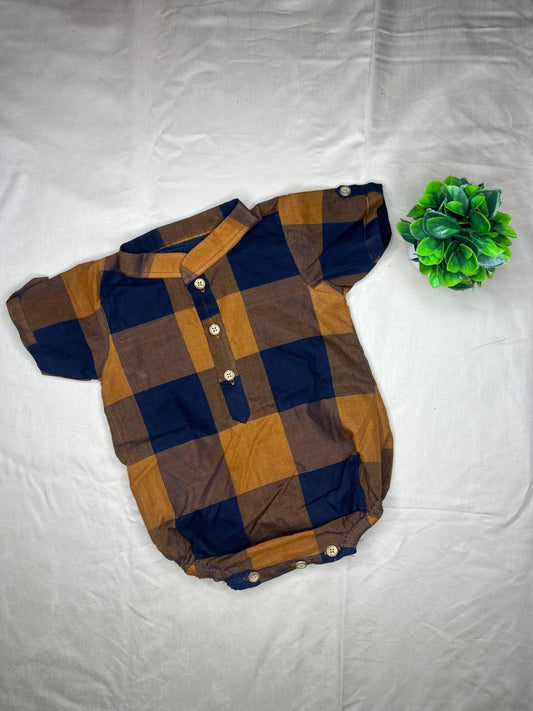 Kattam - Angel Whisper - Onesie Rompers with velcro veshti in brown with mustard chettinad checks cotton