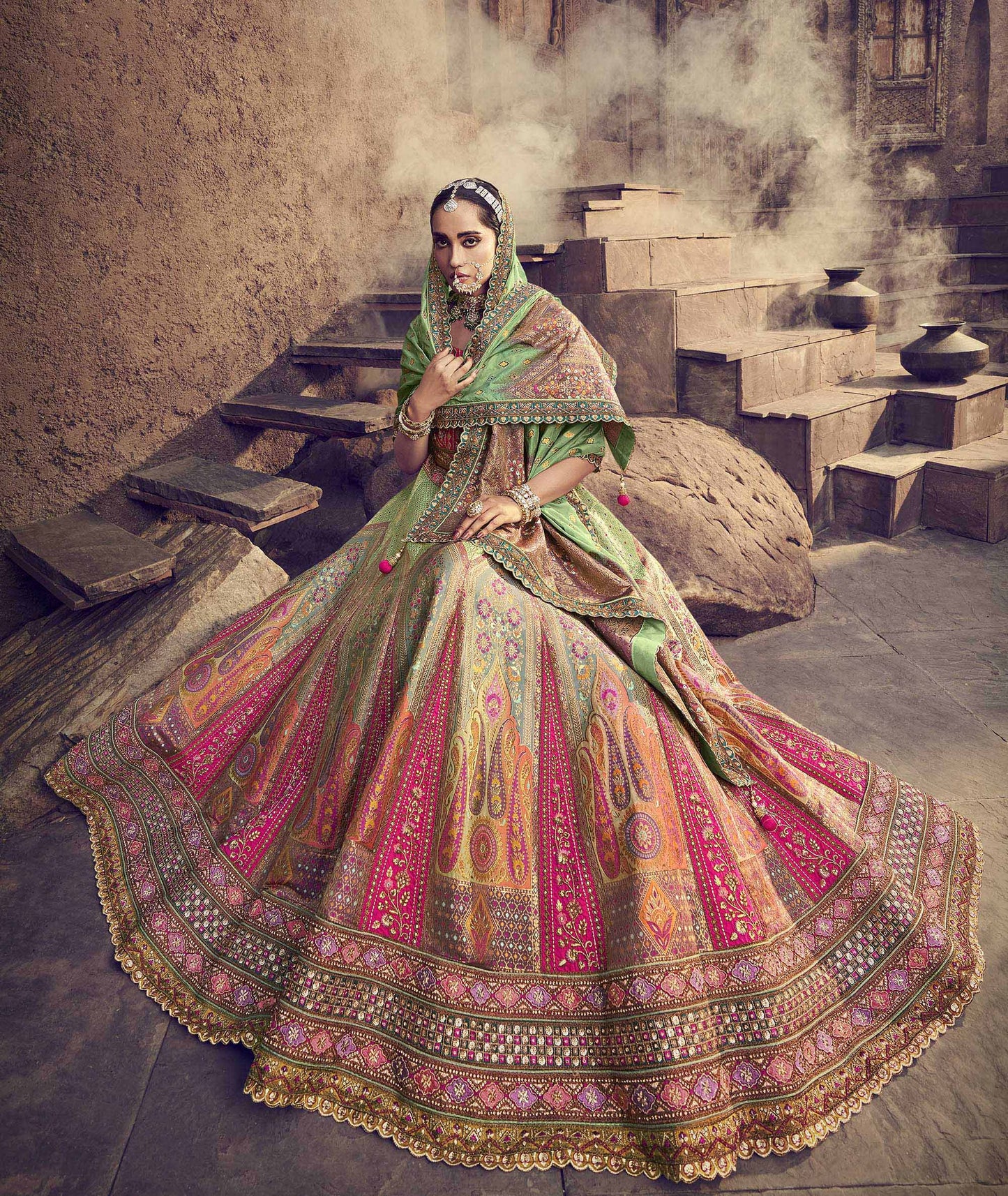 Pink and Sea Green Silk Resham Embroidered Bridal Lehenga CholiPink and Sea Green Silk Resham Embroidered Bridal Lehenga Choli