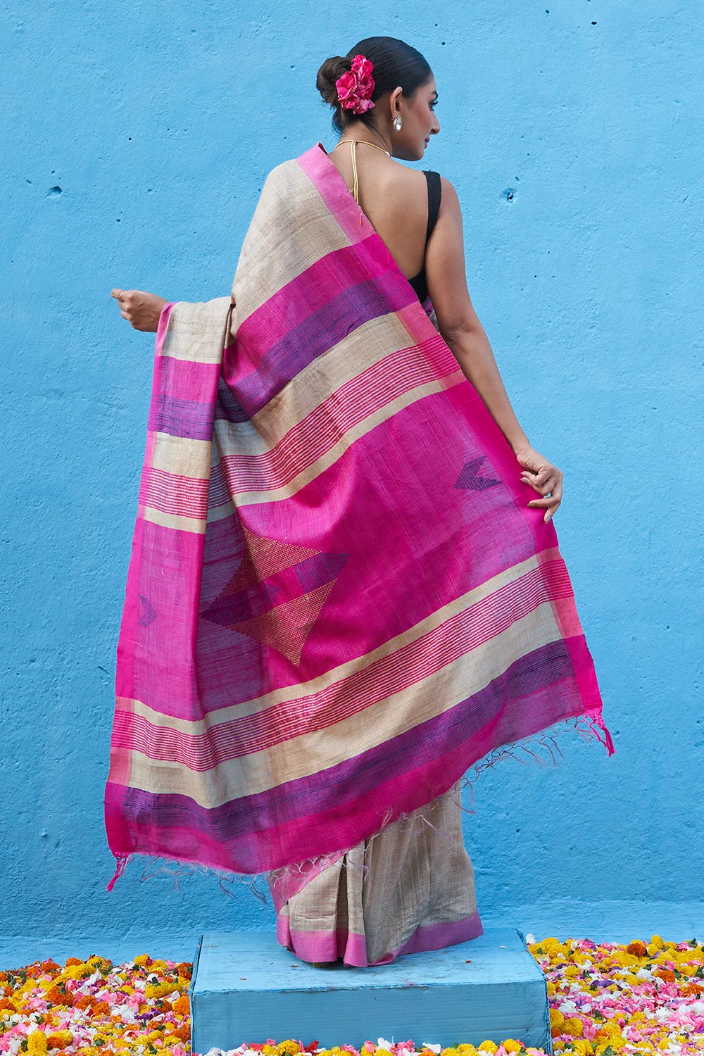 Handloom Pink Multi Colour Pure Tussar Silk Saree
