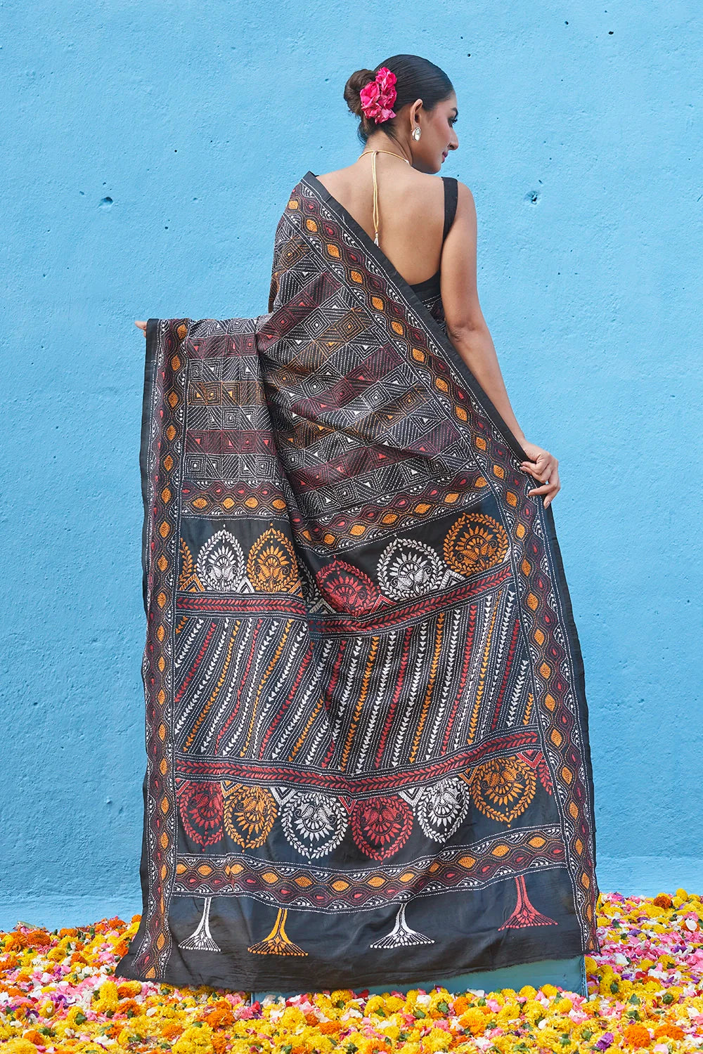 Handloom Black Muti Colour Pure Silk Kantha Saree