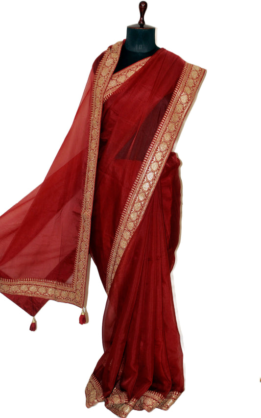Designer Kora Organza Zardozi Silk Saree in Burgundy and Matt Gold