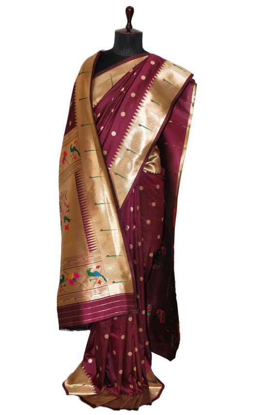 Traditional Blended Silk Paithani Sari in Wine, Golden and Multicolored