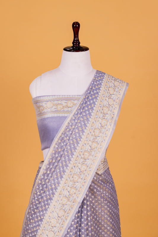 Slate Blue Banarasi Cotton Cutwork Saree