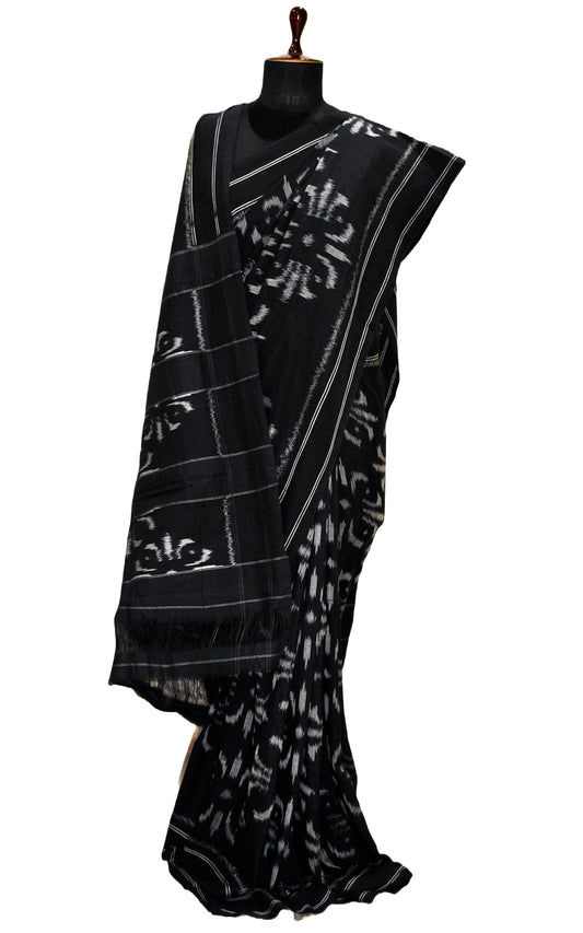 Soft Mercerized Cotton Ikkat Pochampally Saree in Pitch Black and Off White