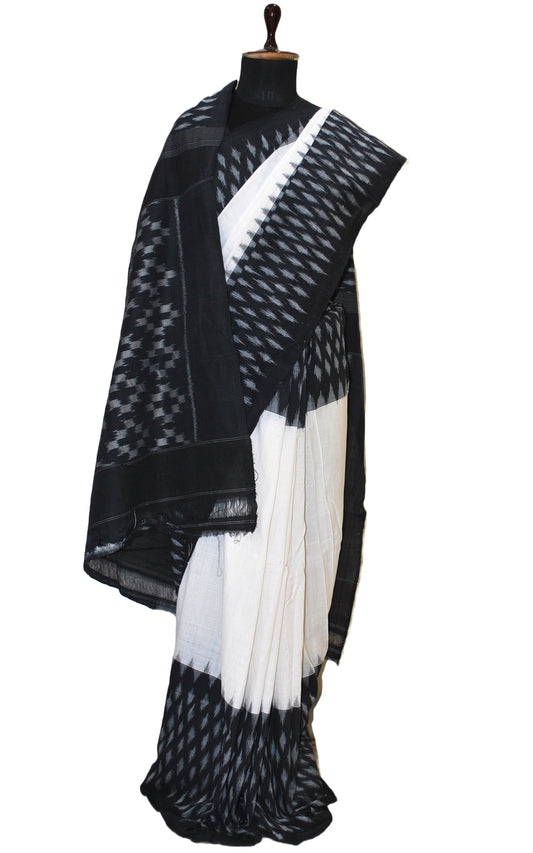 Soft Mercerized Cotton Ikkat Pochampally Saree in Off White and Black