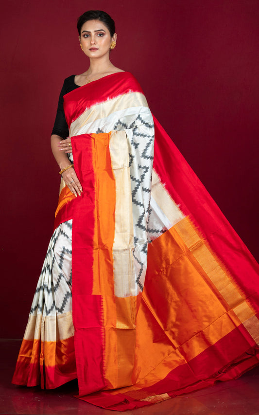 Designer Skirt Border Ikkat Pochampally Silk Saree in Off White, Red, Fire Orange, Black and Antique Golden
