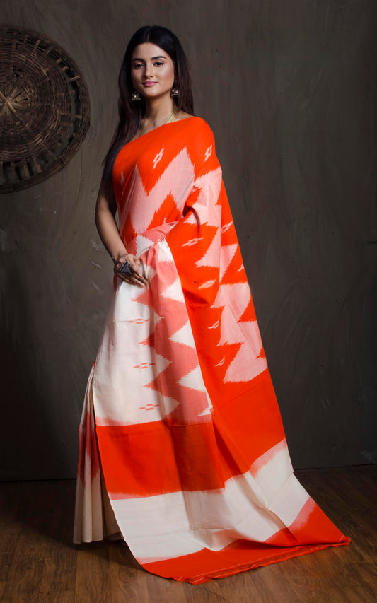 Soft Mercerized Cotton Ikkat Pochampally Saree in Off White and Orange