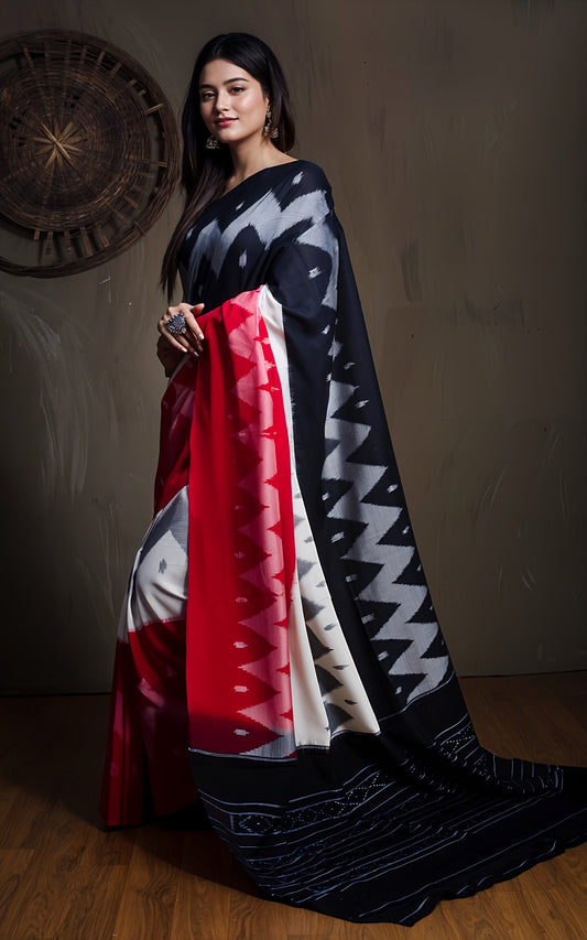 Soft Mercerized Cotton Ikkat Pochampally Saree in Black, Off White and Red