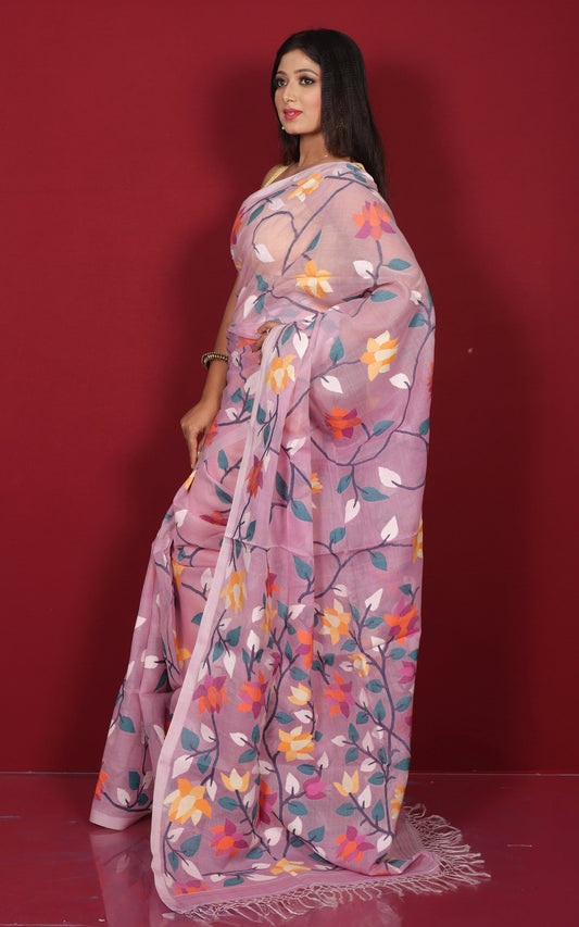 Premium Quality Jangla Jaal Lotus Motif Work Muslin Silk Dhakai Jamdani in Purple Pink, Off White and Multicolored Thread Work