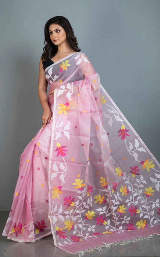 Premium Quality Hand Woven Floral Nakshi Work Muslin Silk Dhakai Jamdani Saree in Lemonade Pink, Off White and Multicolored Minakari Thread Work