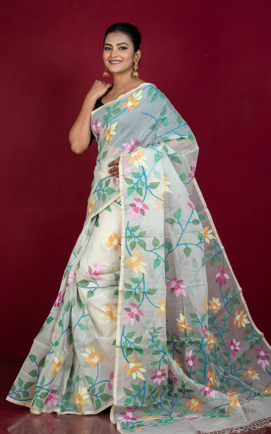 Premium Quality Jangla Jaal Lotus Motif Work Muslin Silk Dhakai Jamdani in Daisy White, Beige and Multicolored Thread Work