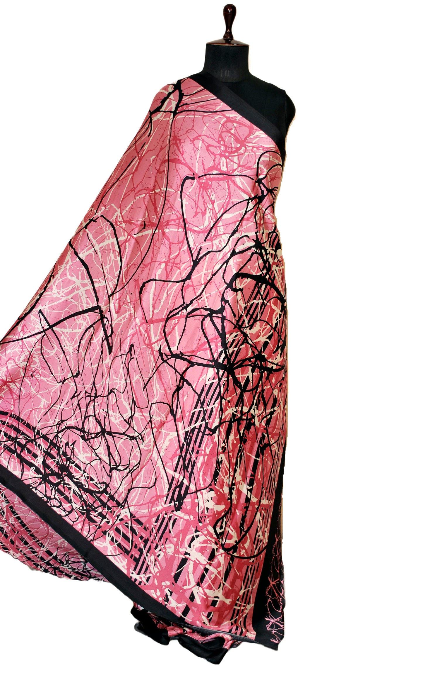 Printed Soft Crepe Silk Saree in Salmon Pink, Off White and Black