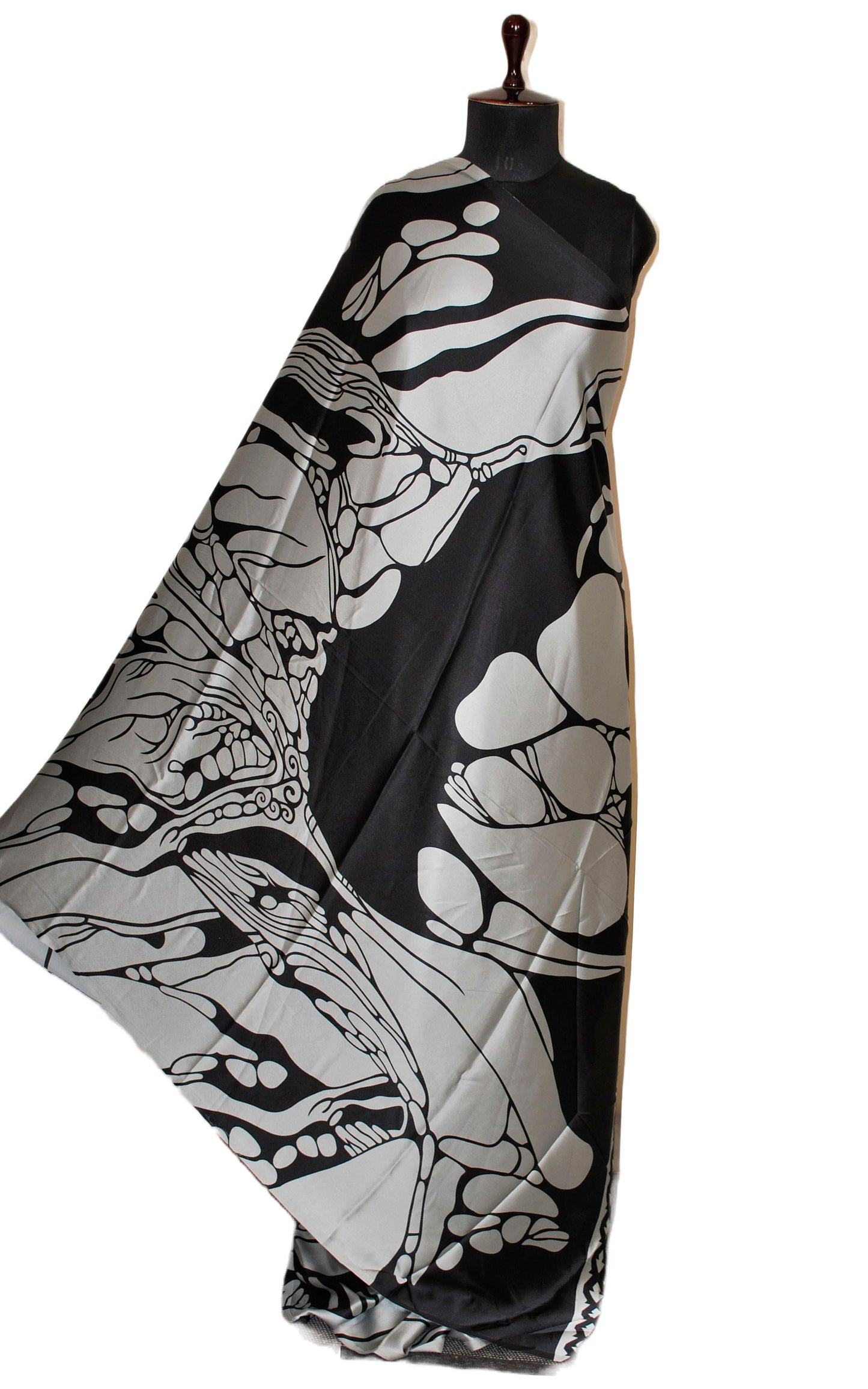Printed Soft Crepe Silk Saree in Pewter Grey and Black in Abstract Prints