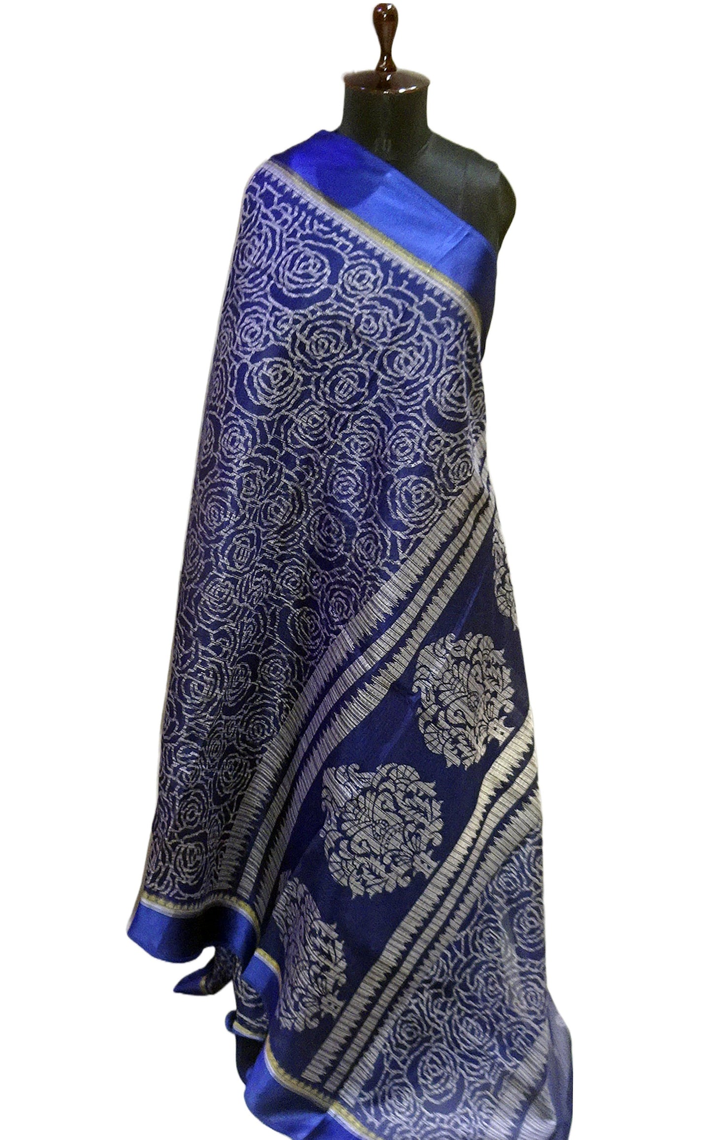 Designer Satin Border Soft Kota Doria Digital Printed Saree in Dark Blue and Off White