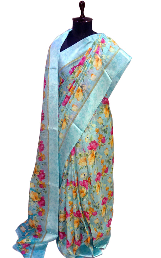 Designer Satin Border Soft Kota Doria Digital Printed Saree in Icy Blue and Multicolored