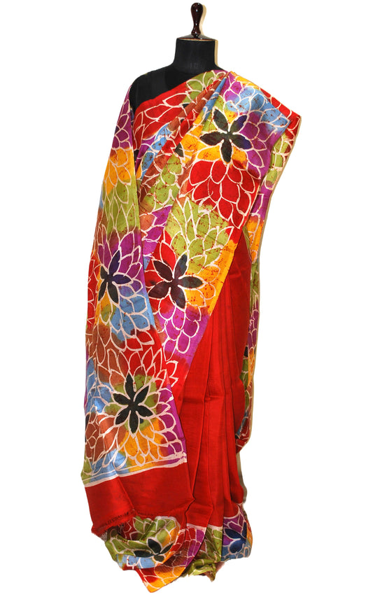 Hand Batik Soft Pure Silk Shibori Saree in Bright Red and Multicolored