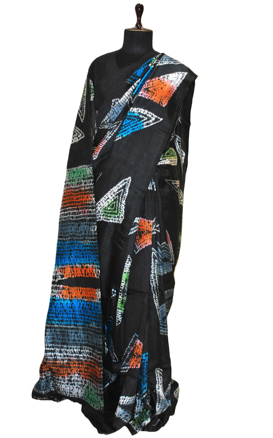 Hand Batik Soft Pure Silk Shibori Saree in Leather Black and Multicolored