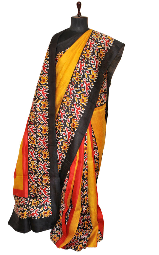 Madathasu Ikkat Printed Pure Silk Saree in Honey Yellow, Black, Off-white and Red