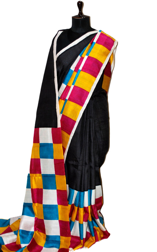 Soft Bishnupuri Printed Pure Silk Saree in Black and Multicolored