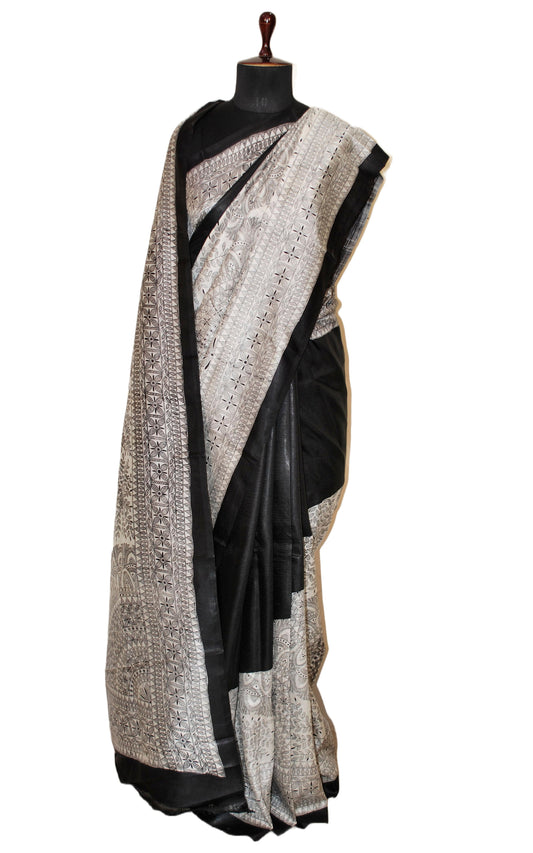 Madhubani Printed Pure Silk Saree in Off White and Black