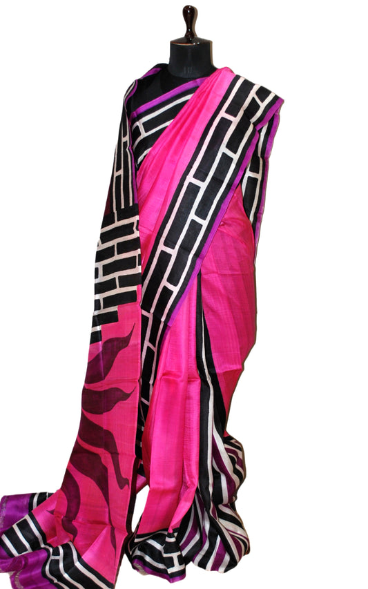 Soft Bishnupuri Printed Pure Silk Saree in Fuscia, Purple, Black and Off White