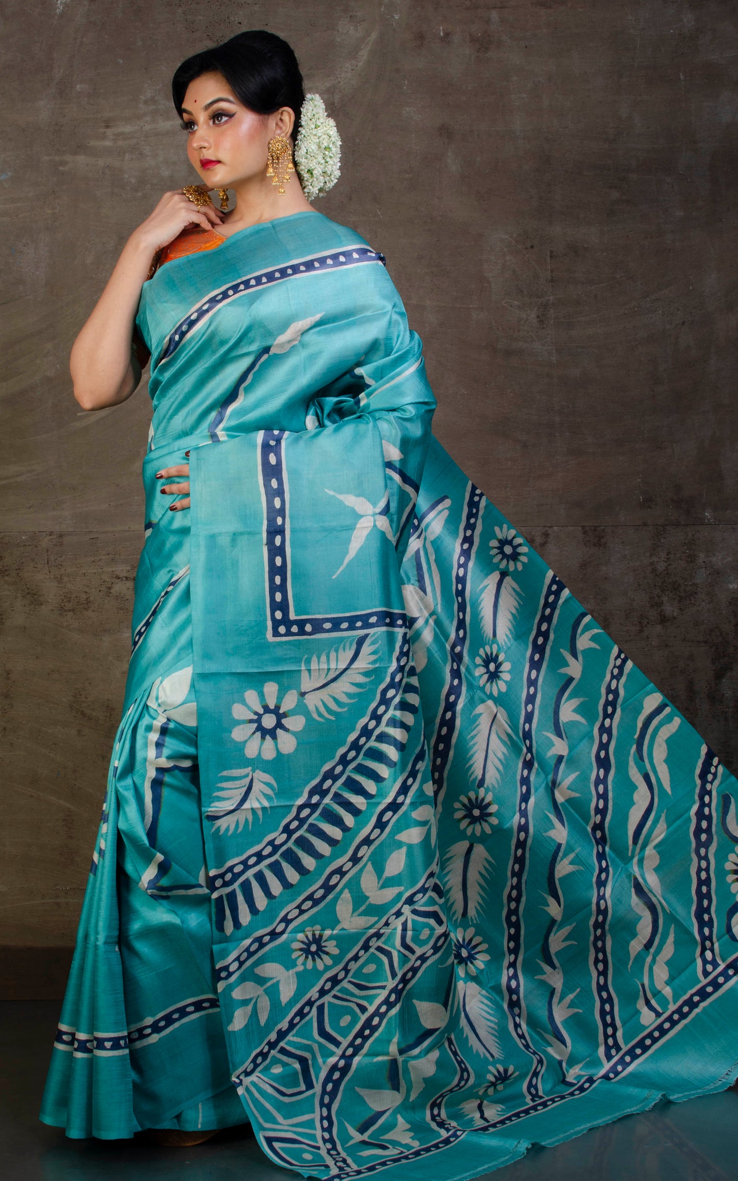 Hand Batik Pure Silk Saree in Teal Blue, Deep Blue and Off white