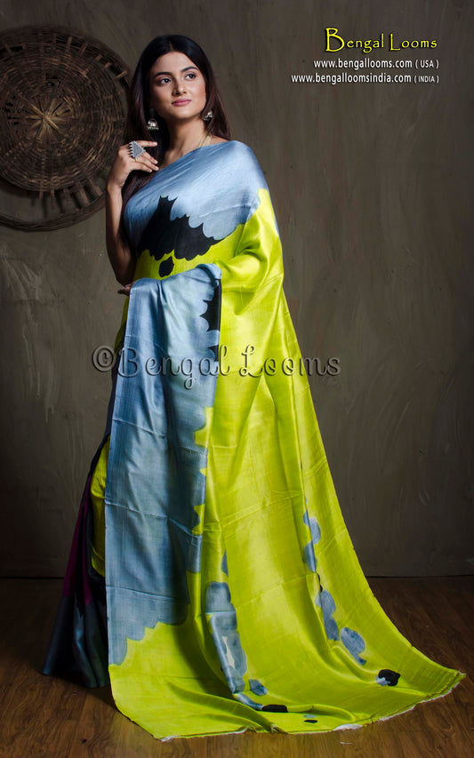 Hand Batik Pure Silk Saree in Fluorescent Lime Green, Light Blue Grey and Multicolored