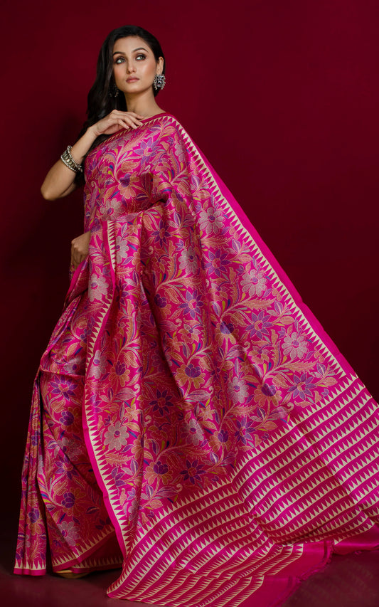 Hand Kantha Work Printed Pure Silk Saree in Magenta, Off White and Multicolored
