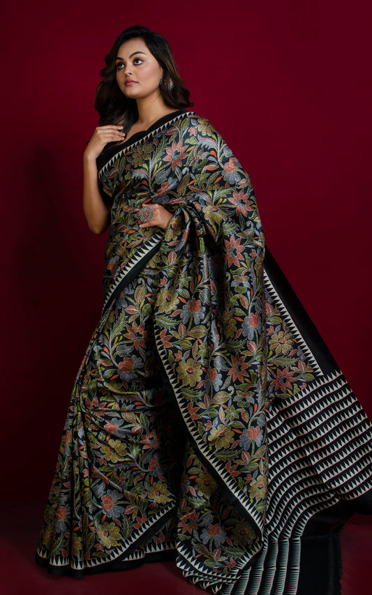 Hand Kantha Work Printed Pure Silk Saree in Black, Off White and Multicolored