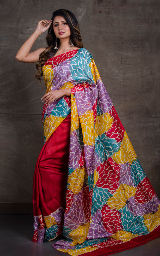 Hand Batik Pure Silk Saree in Red and Multicolored