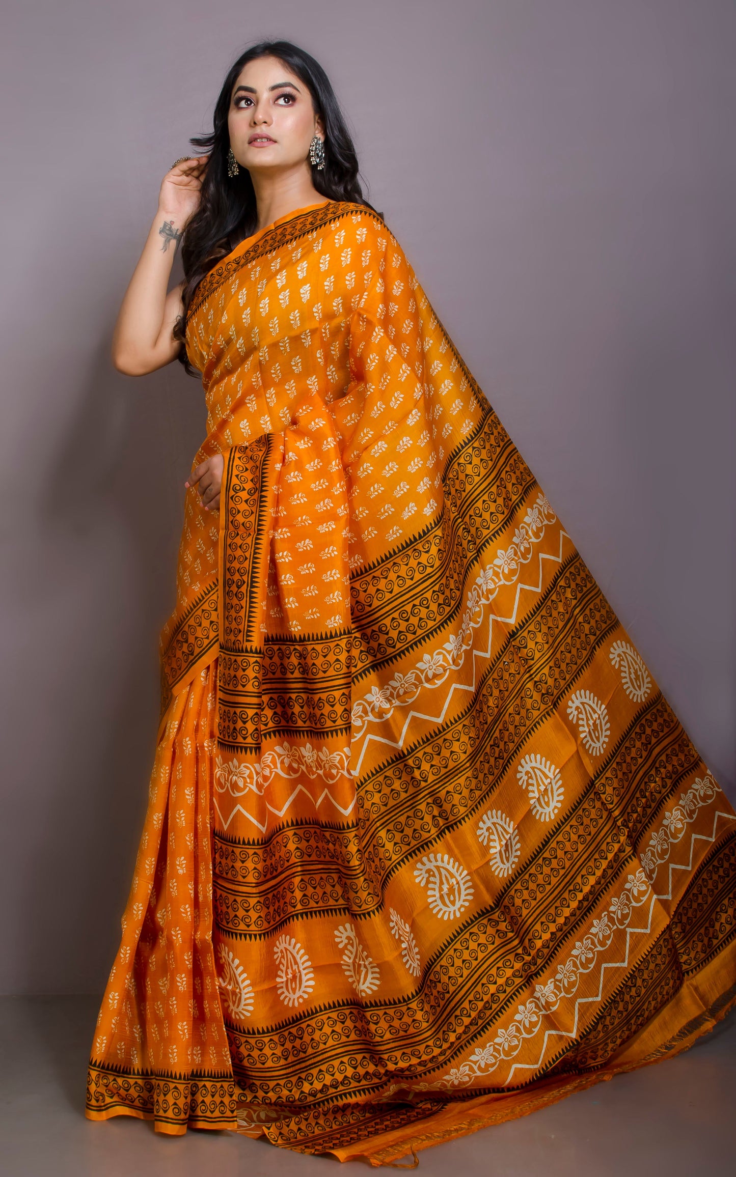Floral Printed Pure Silk Saree in Royal Orange, Off White and Black