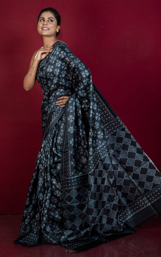 Hand Kantha Work Printed Pure Silk Saree in Black and Off White