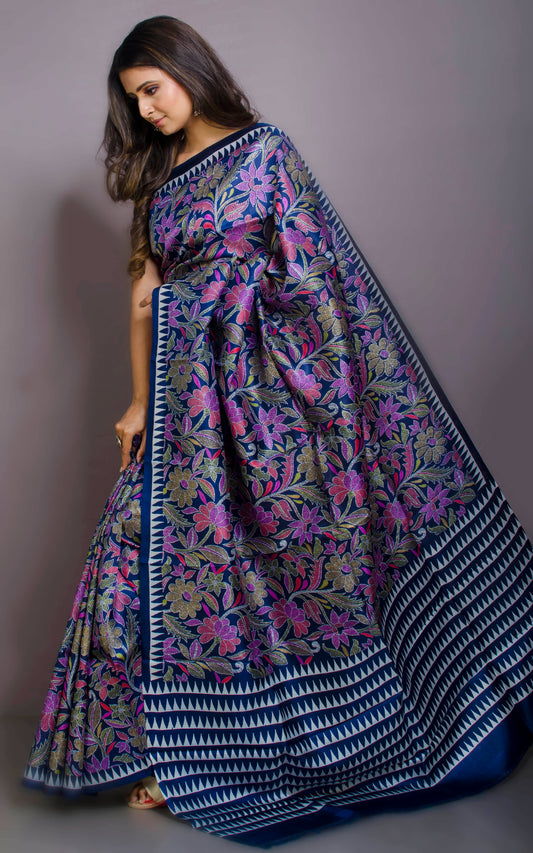 Hand Kantha Work Printed Pure Silk Saree in Midnight Blue, Off White and Multicolored