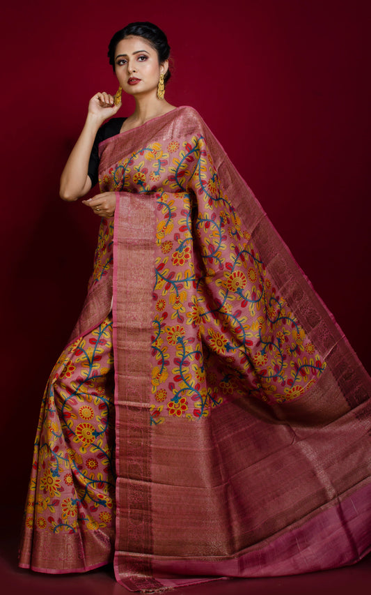 Kalamkari Printed Tussar Banarasi Saree in Matte Pink, Cerulean Blue and Multicolored with Brush Gold Zari Work