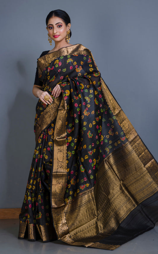 Kalamkari Printed Tussar Banarasi Saree in Black, Multicolored and Brush Gold Zari Work