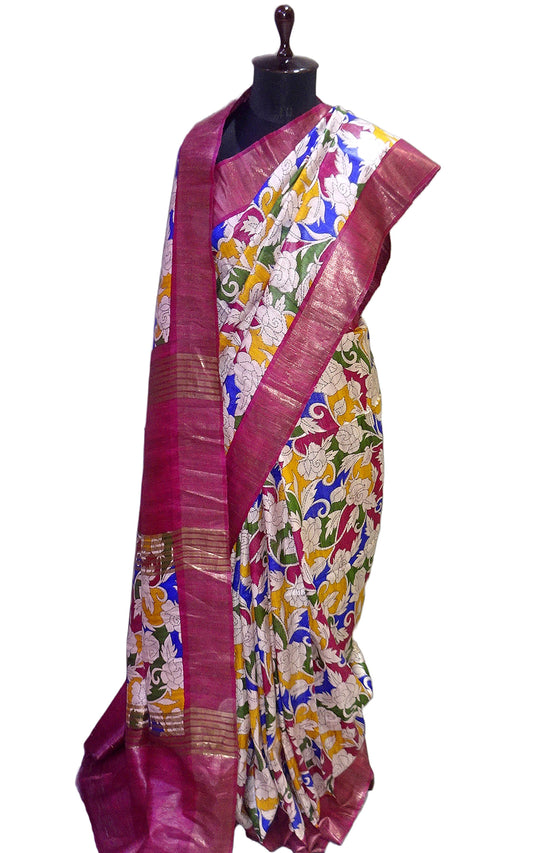 Silk Mark Certified Pure Gigha Block Printed Saree in Beige, Boysenberry and Multicolored