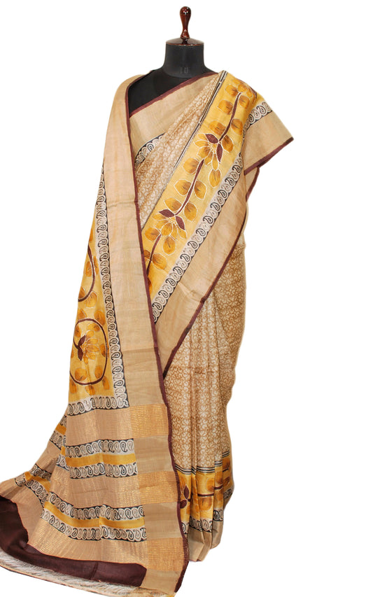 Designer Tussar Silk Saree in Beige, Ochre Yellow, Black and Dark Brown Prints embellished with Silver Zari Hand Embroidery Pitai Work