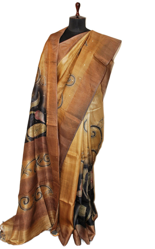 Designer Tussar Silk Saree in Biscotti, Black and Multicolored Prints embellished with Silver Zari Hand Embroidery Pitai Work