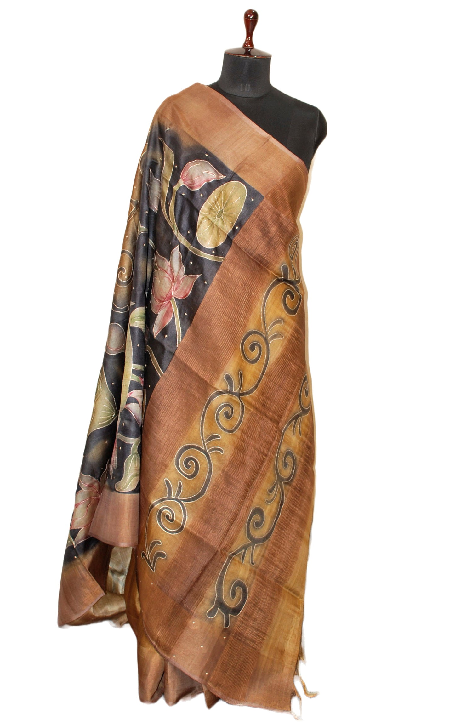 Designer Tussar Silk Saree in Biscotti, Black and Multicolored Prints embellished with Silver Zari Hand Embroidery Pitai Work