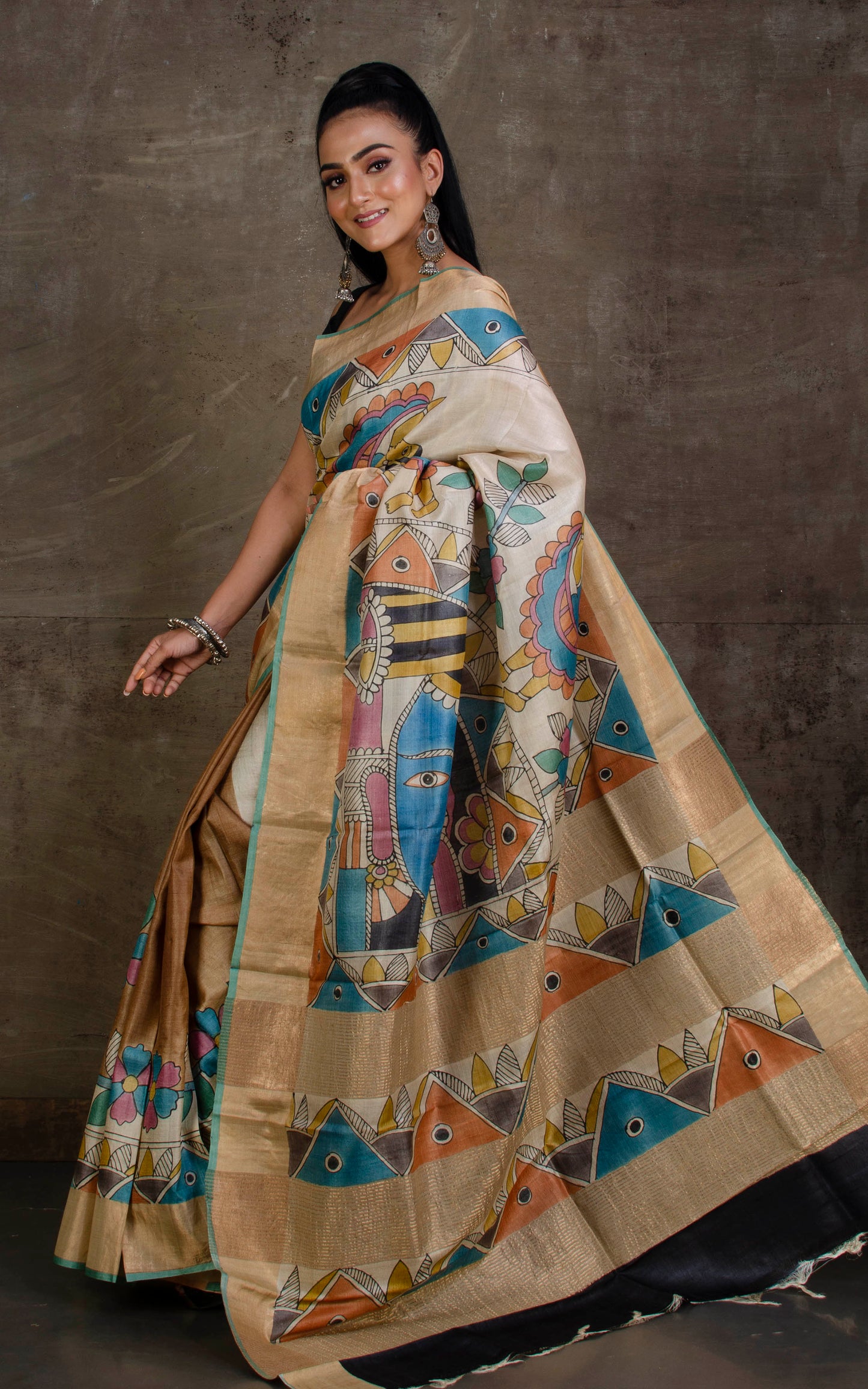 Printed Soft Tussar Silk Saree in Chocolate Brown, Beige and Multicolored Prints